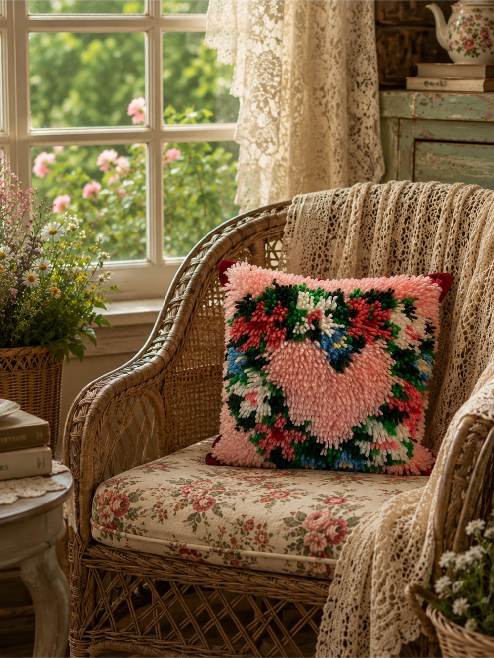 Vintage Handmade Floral Heart Latch Hook Pillow Pink Green